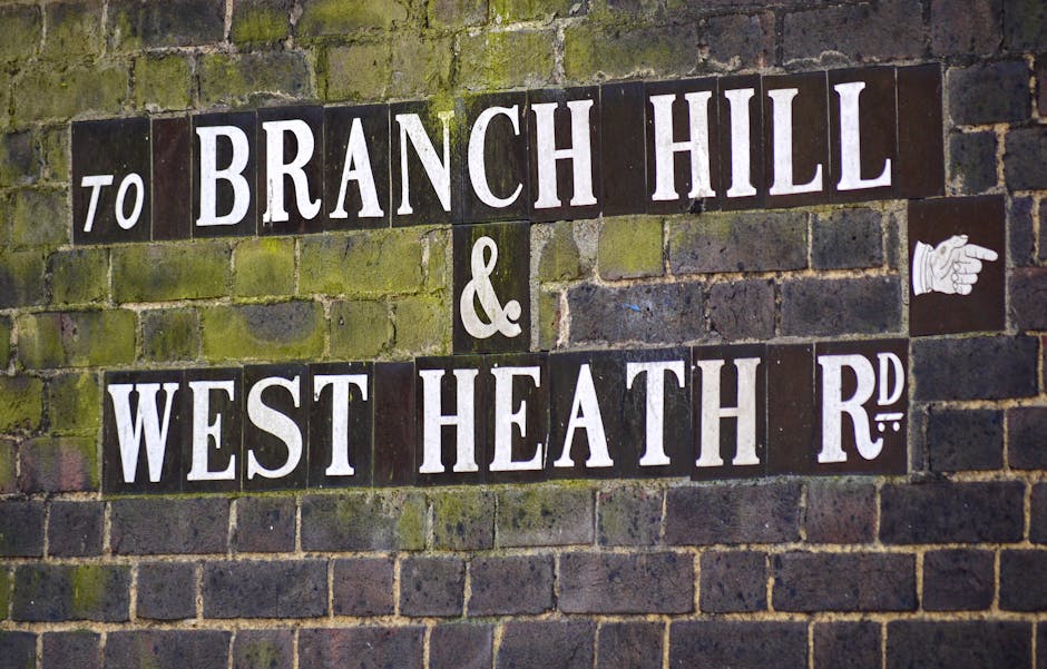 A brick wall with green moss and weathering marks displaying a street sign with black and white lettering indicating 'to Branch Hill & West Heath Rd'. The sign has a pointing hand symbol on the right side, and the background consists of dark, aged bricks, suggesting an outdoor setting in a historic or residential area near Hampstead Heath. This image relates to the area around NW3, where Cleaner Hampstead offers domestic and commercial surface cleaning services, including deep cleaning and sanitisation, to maintain cleanliness and hygiene in properties close to this location.